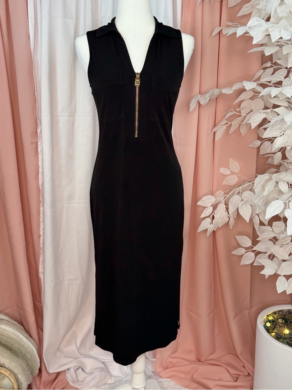 Michael Kors Black Sleeveless Zip-Front Midi Dress